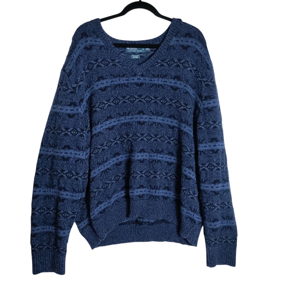 Polo Ralph Lauren Mens XXL Blue Fair Isle V-Neck Cotton Silk Linen Sweater